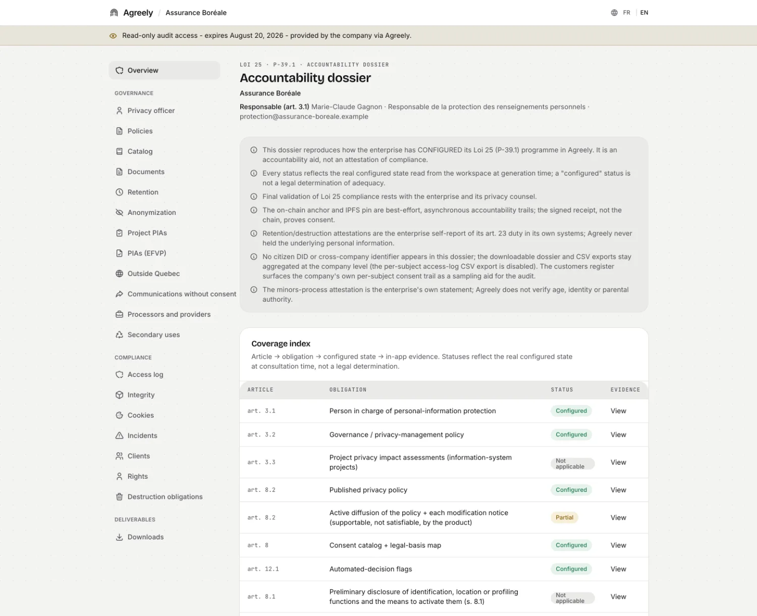 The accountability dossier as seen by an auditor: the article-by-article Law 25 coverage index, with no personal information.