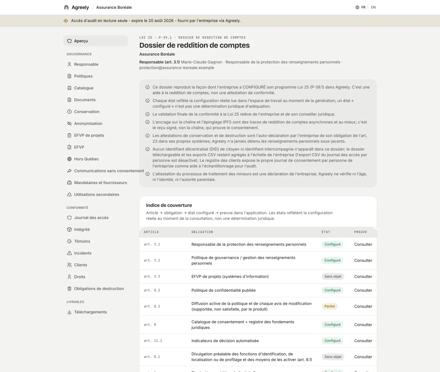 Le dossier de reddition de comptes vu par un auditeur : l'indice de couverture article par article de la Loi 25, sans renseignement personnel.