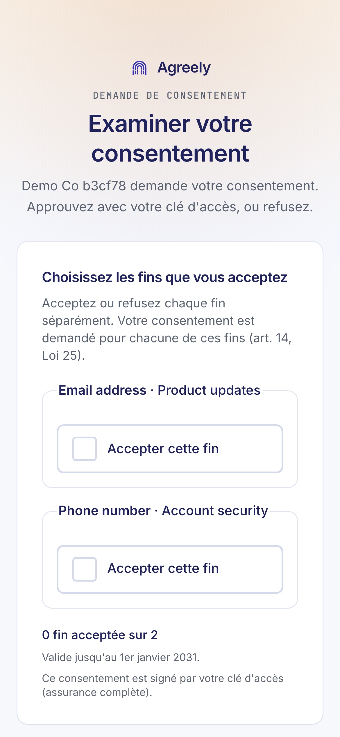 The Agreely citizen app on a phone: the consent review screen, where each purpose is shown separately and approved with a passkey.